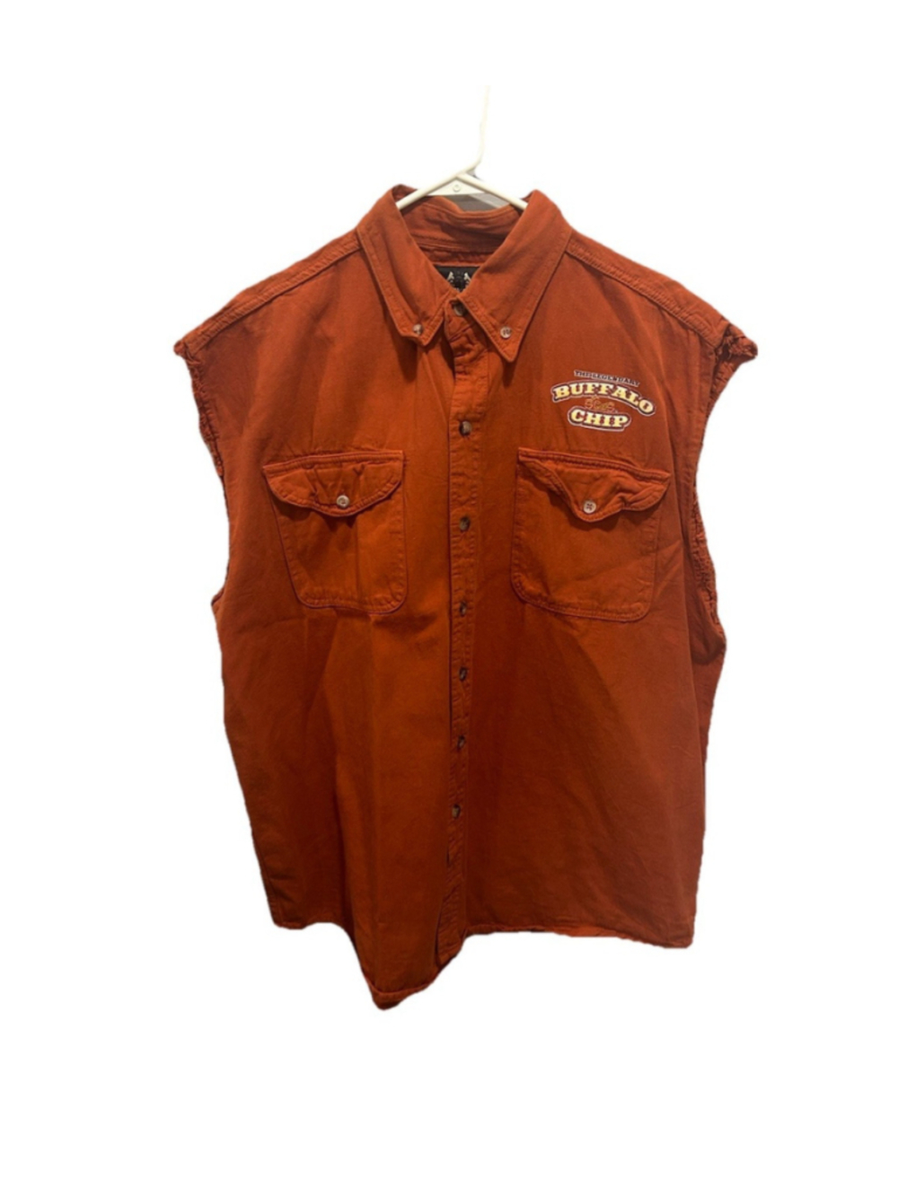 Vintage Biker Design Men’s 2XL Orange Sleeveless Shirt Embroidered Buffalo Chip
